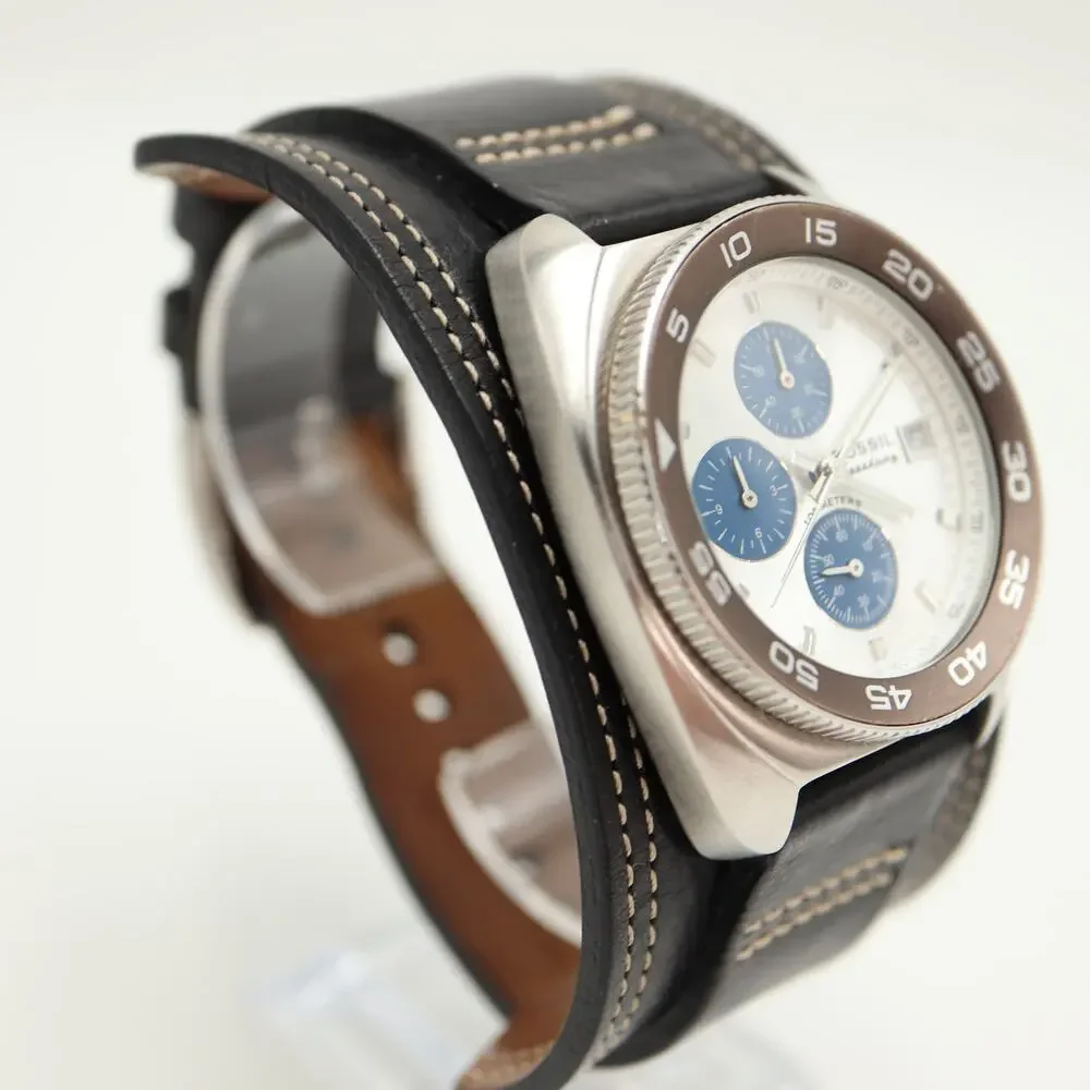 Fossil Speedway Chronograph 40mm Watch Brown Bezel Blue Sub Black Leather CH2337